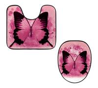 Eslifey Toilet Lid Cover and U-Shaped Toilet Floor Mat Set of 2 Pieces, Pink Butterfly and Flowers Toilet Mat Set, Machine Washable Seat Covers Non-Slip Absorbent Rugs