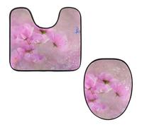 Eslifey Toilet Lid Cover and U-Shaped Toilet Floor Mat Set of 2 Pieces, Pink Flowers Flying Butterfly Toilet Mat Set, Machine Washable Seat Covers Non-Slip Absorbent Rugs