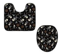 Eslifey Toilet Lid Cover and U-Shaped Toilet Floor Mat Set of 2 Pieces, Pirate Skulls Swords Anchor Pattern Toilet Mat Set, Machine Washable Seat Covers Non-Slip Absorbent Rugs