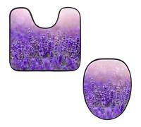 Eslifey Toilet Lid Cover and U-Shaped Toilet Floor Mat Set of 2 Pieces, Provence Hokkaido Lavender Field Sunset Pattern Toilet Mat Set, Machine Washable Seat Covers Non-Slip Absorbent Rugs