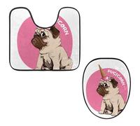 Eslifey Toilet Lid Cover and U-Shaped Toilet Floor Mat Set of 2 Pieces, Pug Pugicorn Dog Toilet Mat Set, Machine Washable Seat Covers Non-Slip Absorbent Rugs