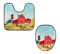 Eslifey Toilet Lid Cover and U-Shaped Toilet Floor Mat Set of 2 Pieces, Red Barn on Farm Toilet Mat Set, Machine Washable Seat Covers Non-Slip Absorbent Rugs