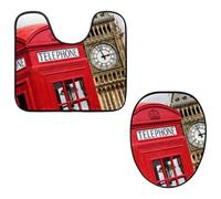 Eslifey Toilet Lid Cover and U-Shaped Toilet Floor Mat Set of 2 Pieces, Red Telephone Box with Big Ben Toilet Mat Set, Machine Washable Seat Covers Non-Slip Absorbent Rugs