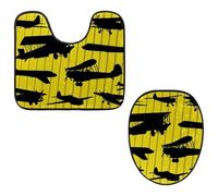 Eslifey Toilet Lid Cover and U-Shaped Toilet Floor Mat Set of 2 Pieces, Retro Planes Pattern Toilet Mat Set, Machine Washable Seat Covers Non-Slip Absorbent Rugs