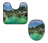 Eslifey Toilet Lid Cover and U-Shaped Toilet Floor Mat Set of 2 Pieces, River Bern Switzerland Toilet Mat Set, Machine Washable Seat Covers Non-Slip Absorbent Rugs