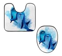 Eslifey Toilet Lid Cover and U-Shaped Toilet Floor Mat Set of 2 Pieces, Sea Life Two Blue Dolphins Watercolor Illustration Toilet Mat Set, Machine Washable Seat Covers Non-Slip Absorbent Rugs
