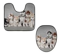 Eslifey Toilet Lid Cover and U-Shaped Toilet Floor Mat Set of 2 Pieces, Siberian Husky Puppies Toilet Mat Set, Machine Washable Seat Covers Non-Slip Absorbent Rugs