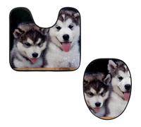 Eslifey Toilet Lid Cover and U-Shaped Toilet Floor Mat Set of 2 Pieces, Siberian Husky Puppies Toilet Mat Set, Machine Washable Seat Covers Non-Slip Absorbent Rugs