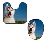 Eslifey Toilet Lid Cover and U-Shaped Toilet Floor Mat Set of 2 Pieces, Siberian Husky Puppy Toilet Mat Set, Machine Washable Seat Covers Non-Slip Absorbent Rugs
