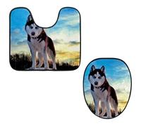 Eslifey Toilet Lid Cover and U-Shaped Toilet Floor Mat Set of 2 Pieces, Siberian Husky Toilet Mat Set, Machine Washable Seat Covers Non-Slip Absorbent Rugs