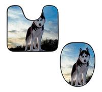 Eslifey Toilet Lid Cover and U-Shaped Toilet Floor Mat Set of 2 Pieces, Siberian Husky Toilet Mat Set, Machine Washable Seat Covers Non-Slip Absorbent Rugs