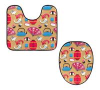 Eslifey Toilet Lid Cover and U-Shaped Toilet Floor Mat Set of 2 Pieces, Special Japan Elements Patterns Toilet Mat Set, Machine Washable Seat Covers Non-Slip Absorbent Rugs