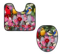 Eslifey Toilet Lid Cover and U-Shaped Toilet Floor Mat Set of 2 Pieces, Spring Flowers and Songbirds Toilet Mat Set, Machine Washable Seat Covers Non-Slip Absorbent Rugs