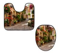 Eslifey Toilet Lid Cover and U-Shaped Toilet Floor Mat Set of 2 Pieces, Street Greece Flowers Beautiful Pot Pots Toilet Mat Set, Machine Washable Seat Covers Non-Slip Absorbent Rugs
