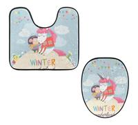 Eslifey Toilet Lid Cover and U-Shaped Toilet Floor Mat Set of 2 Pieces, Unicorn Winter Wonderland Toilet Mat Set, Machine Washable Seat Covers Non-Slip Absorbent Rugs