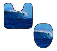 Eslifey Toilet Lid Cover and U-Shaped Toilet Floor Mat Set of 2 Pieces, Violent Sea Surf Wave Toilet Mat Set, Machine Washable Seat Covers Non-Slip Absorbent Rugs