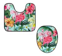Eslifey Toilet Lid Cover and U-Shaped Toilet Floor Mat Set of 2 Pieces, Watercolor Flamingo Floral Tropical Palm Print Toilet Mat Set, Machine Washable Seat Covers Non-Slip Absorbent Rugs