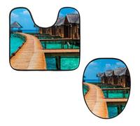 Eslifey Toilet Lid Cover and U-Shaped Toilet Floor Mat Set of 2 Pieces, Wharf Bothy Landscape Toilet Mat Set, Machine Washable Seat Covers Non-Slip Absorbent Rugs