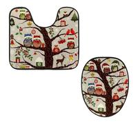 Eslifey Toilet Lid Cover and U-Shaped Toilet Floor Mat Set of 2 Pieces, Winter Christmas Hat Owl Bird on Tree Toilet Mat Set, Machine Washable Seat Covers Non-Slip Absorbent Rugs