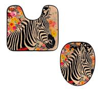 Eslifey Toilet Lid Cover and U-Shaped Toilet Floor Mat Set of 2 Pieces, Zebra Painting Toilet Mat Set, Machine Washable Seat Covers Non-Slip Absorbent Rugs