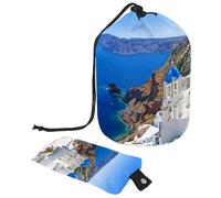 Eslifey Travel Cosmetic Bags Barrel Makeup Bag, Multifunctional Toiletry Bucket Bags Round Organizer Storage Pocket, Greece Santorini