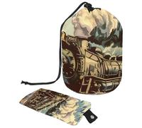 Eslifey Travel Cosmetic Bags Barrel Makeup Bag, Multifunctional Toiletry Bucket Bags Round Organizer Storage Pocket, Vinatge Steam Train Railway Pattern