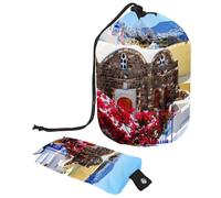 Eslifey Travel Cosmetic Bags Barrel Makeup Bag, Multifunctional Toiletry Bucket Bags Round Organizer Storage Pocket, Greek Santorini Landscape