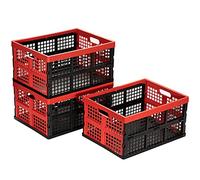 Eslite 34L Large Plastic Folding Storage Crates,Collapsible Crates for Storage,Pack of 3 (Black+Red)