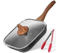 ESLITE LIFE Nonstick Grill Pan with Lid & Tongs for Stove Tops, Versatile Square Big Grill Skillet Steak Pan for Indoor Cooking & Outdoor Grilling, PFOA Free, Black-9.5 Inch