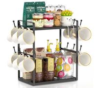 EsLuker.ly 2 Tier Coffee Bar Organiser for Home Office, Multi-functional Countertop Mug Holder Display Stand Rack, Coffee Station Accessory Storage Shelf with 12 Hooks, Black