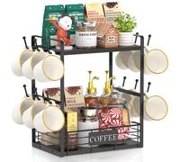 EsLuker.ly 2 Tier Coffee Bar Organizer Countertop Station Rack for Kitchen, Multi-Functional Coffee Mug Holder Display Stand, Accessory Storage Shelf with 12 Hooks, Black