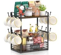 EsLuker.ly 2 Tier Coffee Bar Organizer Countertop Station Rack for Kitchen, Multi-Functional Coffee Mug Holder Display Stand, Accessory Storage Shelf with 12 Hooks, Brown-Black