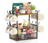 EsLuker.ly 2 Tier Coffee Bar Organizer Countertop Station Rack for Kitchen, Multi-Functional Coffee Mug Holder Display Stand, Accessory Storage Shelf with 12 Hooks, Vintage Brown-Black