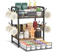 EsLuker.ly Coffee Bar Organizer Station Shelf Mug Holder, with 12 Hooks | 3 Tier Coffee Cup Stand Rack for Countertop, K Cup Pod Organizer Drawer for Home Office, Keeps Essentials Tidy & Accessible