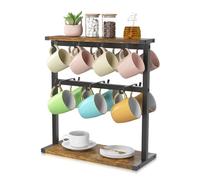 EsLuker.ly Coffee Mug Holder Cup Tree Rack for Countertop, 2 Tier Rustic Wood Coffee Bar Station Organizer Narrow Display Stand for Kitchen Office, Hold 14 Mugs with Sturdy Base, Free Up Counter Space