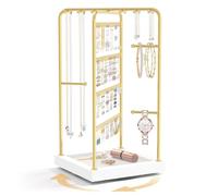 EsLuker.ly Earring Necklace Holder Organizer Jewelry Display Stand, Rotating Wood Earring Tower Rack with 12 Necklace Hooks for Women Vendors Selling, Countertop Bracelets Storage Tree, Gold White