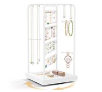 EsLuker.ly Earring Necklace Holder Organizer Jewelry Display Stand, Rotating Wood Earring Tower Rack with 12 Necklace Hooks for Women Vendors Selling, Countertop Bracelets Storage Tree, White