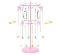 EsLuker.ly Necklace Holder Organizer Rotating Display Stand, 2 Tier Adjustable Height Necklaces Hanger Tree Tower with 42 Hooks, Metal Tall Jewelry Bracelet Storage Rack for Women Vendors Sell, Pink
