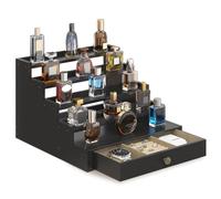 EsLuker.ly Perfume Organizer Cologne Holder Stand for Men, Wooden Cologne Display Shelf for Bedroom Dresser Countertop, 5 Tier Large Capacity Storage Rack with Drawer, Keep Fragrance Neat & Accessible