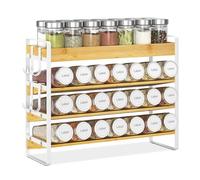 EsLuker.ly Spice Seasoning Rack Organizer Kitchen Countertop, 4 Tier Bamboo Spice Shelf Holder Storage with 4 Hooks, Wall Mounted Freestanding Stand for Pantry, Bamboo+White(Jars Not Included)