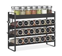 EsLuker.ly Spice Seasoning Rack Organizer Kitchen Countertop, 4 Tier Bamboo Spice Shelf Holder Storage with 4 Hooks, Wall Mounted Freestanding Stand for Pantry, Black(Jars Not Included)