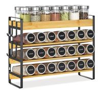 EsLuker.ly Spice Seasoning Rack Organizer Kitchen Countertop, 4 Tier Bamboo Spice Shelf Holder Storage with 4 Hooks, Wall Mounted Freestanding Stand for Pantry, Quick Spice Access(Jars Not Included)
