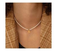ESMENATZLS Stainless Steel Letters Initial Pendant Necklace Diy Name Simulated Pearls Bead Necklaces For Women Pearl Woman's Choker Jewelry(A)