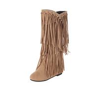 Esmndop Boots for Women Uk, Women's Mid Calf Ladies Shoes Autumn and Winter Casual Fashion Round Toe Tassel Suede Walking Boots Women Comfort Flat Long Boots Shoes Western Boots