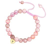 Esmoly Natural Stone Crystal Healing Bracelet for Women Ladies Heart Initial Letter Pink Zebra Stone Bead Bracelet Gifts for Women Girls (Gold Y)