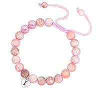 Esmoly Natural Stone Crystal Healing Bracelet for Women Ladies Heart Initial Letter Pink Zebra Stone Bead Bracelet Gifts for Women Girls (Silver I)