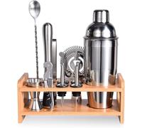Esmula 750ml Cocktail Making Set with Bamboo Stand, 12 Piece Cocktail Shakers Kit for Mixed Drink, Professional Stainless Steel Bartender Bar Tool Set-Cocktail Recipes Booklet (Silver)