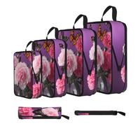 ESNAIUVCD Beautiful Purple Butterfly Floral Print 4 Set Compression Packing Cubes for Suitcases,Expandable Storage Bags Organizers