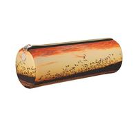 ESNAIUVCD Birds at Sunset Print Leather Cylindrical Zipper Pencil Case -Pu Leather, Multifunctional Stationery Storage, Suitable for Students