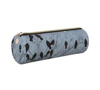 ESNAIUVCD Black Crow Birds Print Leather Cylindrical Zipper Pencil Case -Pu Leather, Multifunctional Stationery Storage, Suitable for Students